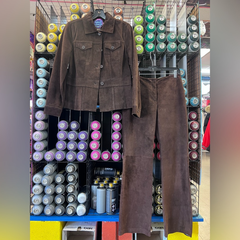 Apostrophe Dark Brown Suede Jacket and Pants Set